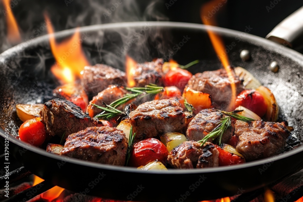 A pan with sizzling meat and vegetables cooking on a grill A sizzling skillet of meat and vegetables being cooked over an open flame . A pan with sizzling meat and vegetables cooking on a grill A sizzling skillet of meat and vegetables being cooked over an open flame .