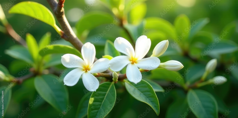 Fototapeta premium Waxy white flowers on Trachelospermum jasminoides plant branches, evergreen, foliage