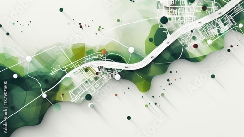 Minimalistic geometric city map design with roads and green areas on a gray and white background
