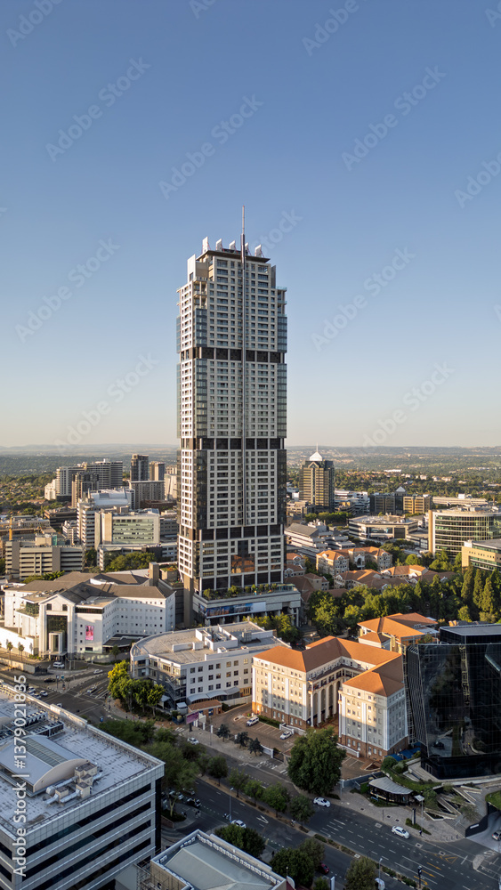 Fototapeta premium aerial view Johannesburg , South Africa, Sandton, Rivonia panoramic views of the Magaliesberg and Gauteng late afternoon sunset