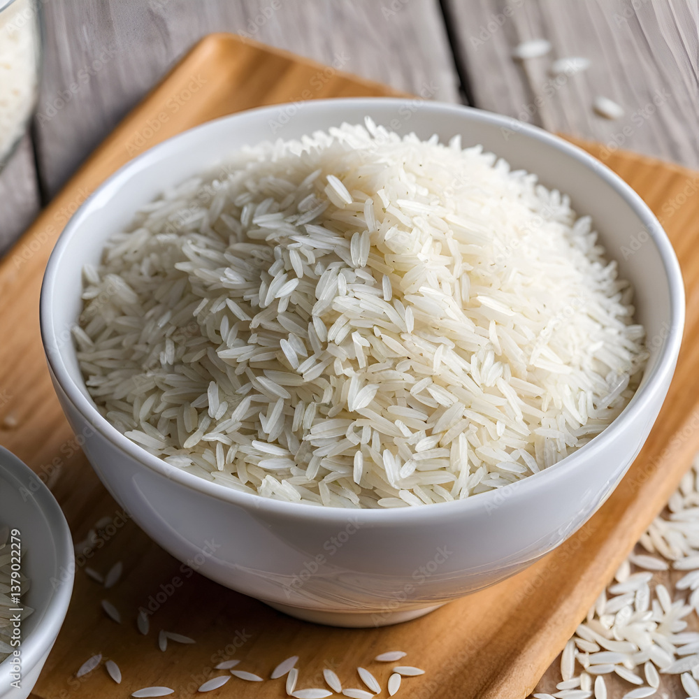 A close-up of basmati rice being measured with a cup. Featuring uncooked basmati rice grains. Highlighting the preparation process. Ideal for cooking tutorials and recipe books.