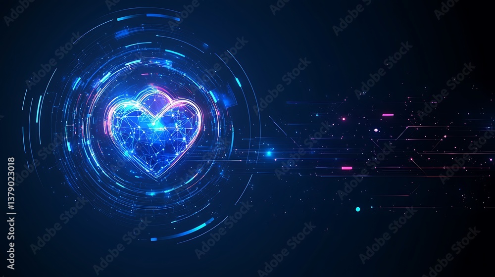 A digital heart with connected circuits floating against a dark background A digital heart with connected circuits floating against a dark background