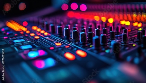 Close-up view of a vibrant audio mixing console. Colorful lights illuminate the controls, knobs, and buttons.  