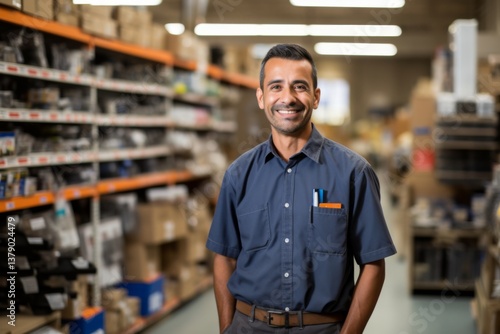 Portrait of happy salesman standing at hardware store