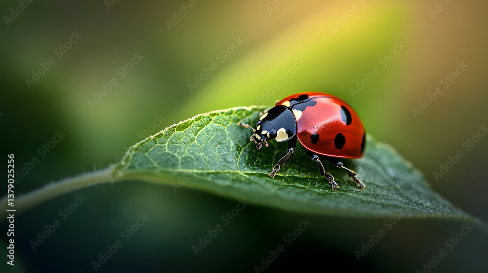 Fototapeta premium A ladybug crawling on a green leaf, with the vibrant red color of its body contrasting beautifully against the soft green backdrop of nature.