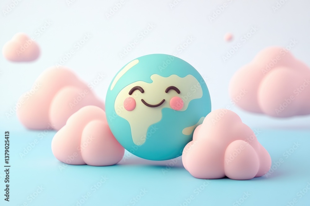 A happy cartoon Earth surrounded by fluffy pink clouds, symbolizing environmental care and a bright future. A happy cartoon Earth surrounded by fluffy pink clouds, symbolizing environmental care and a bright future.