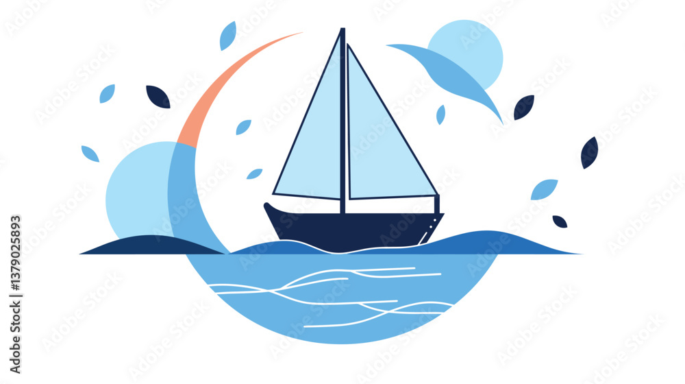 Fototapeta premium Minimalist sailboat illustration on water with blue and orange accents