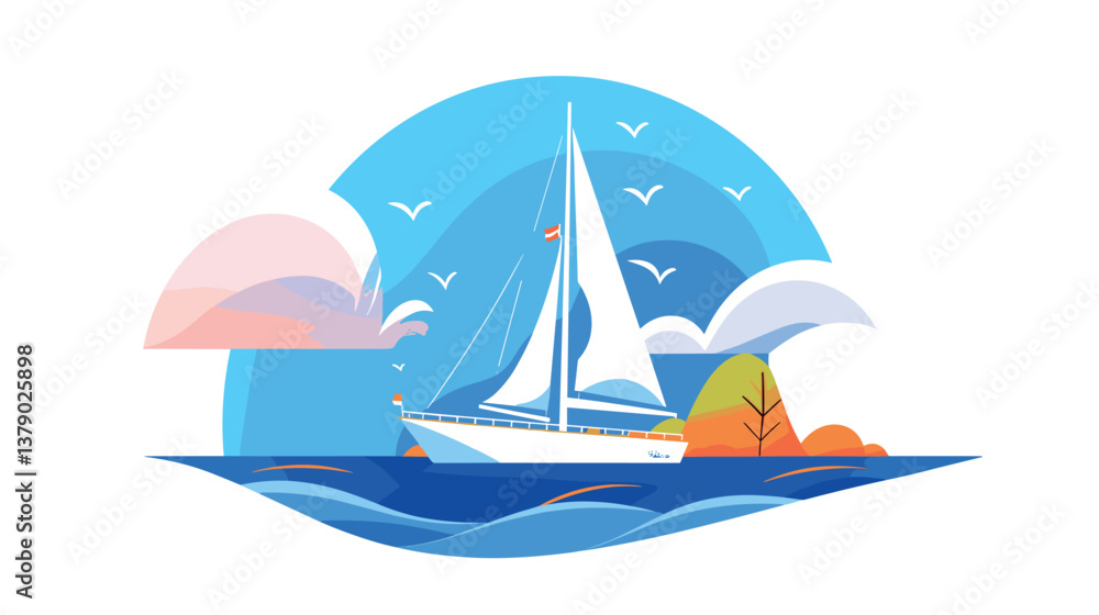 Naklejka premium Abstract sailboat on ocean with blue sky and clouds