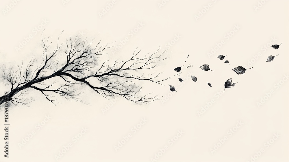 Fototapeta premium Fallen leaves on a branch, melancholic, symbolizing the end of autumn, against a light background with copy space