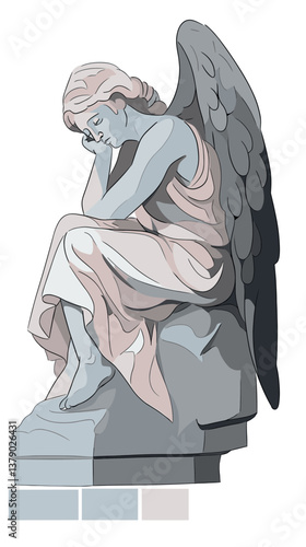 Monochrome angel statue art with detailed wings and draped robes