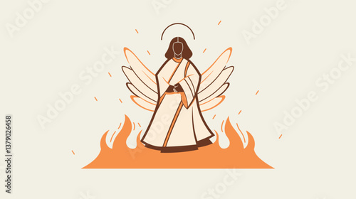 Minimalist angelic figure with wings over flames symbol of divinity and protection