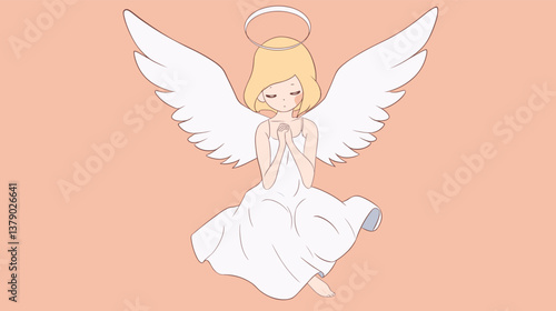 Illustrated angelic female figure with wings and halo in serene pose