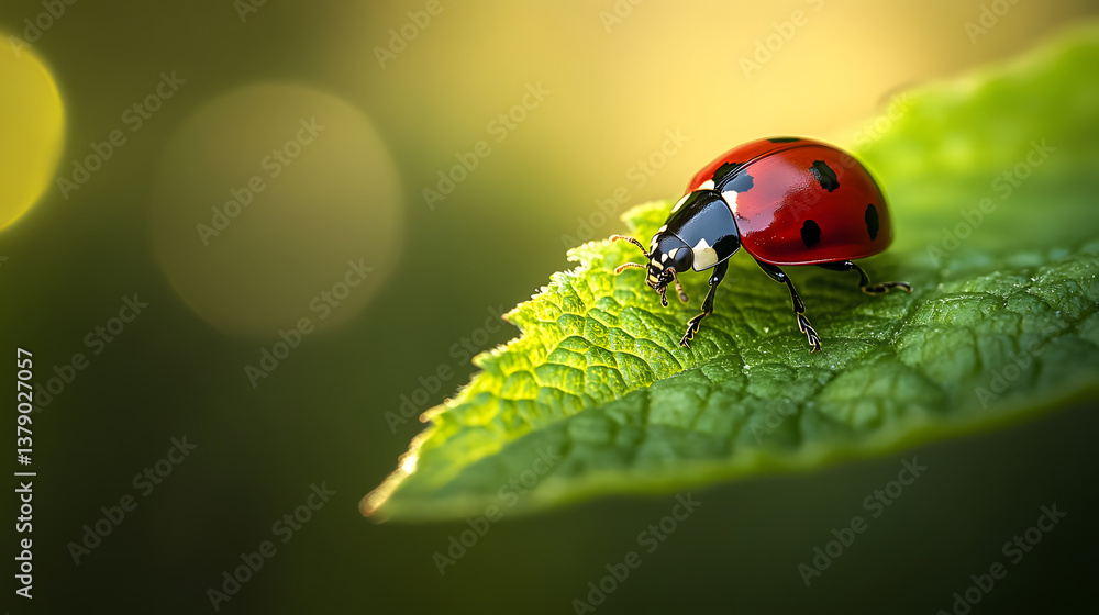 A ladybug resting on a soft green leaf with soft sunlight casting gentle shadows around it, creating a serene atmosphere. A ladybug resting on a soft green leaf with soft sunlight casting gentle shadows around it, creating a serene atmosphere.
