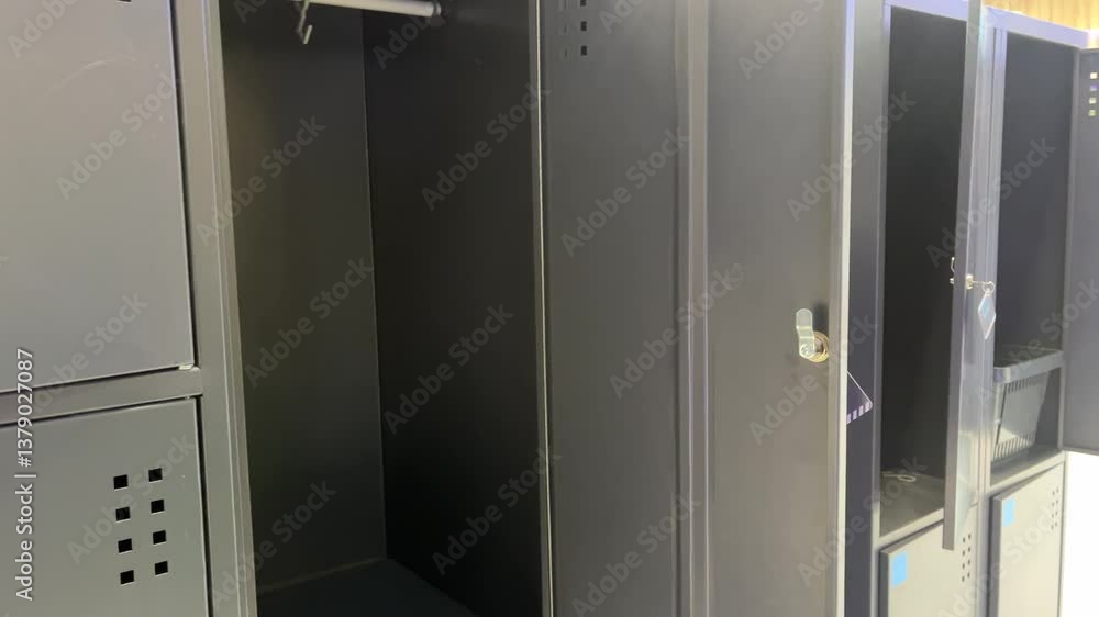 Open grey metal lockers in locker room, empty compartments with hanging bar for secure personal storage Open grey metal lockers in locker room, empty compartments with hanging bar for secure personal storage