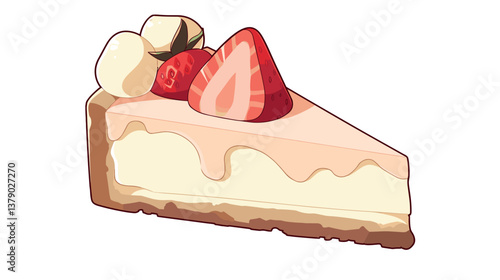 Delicious cheesecake slice with strawberries and whipped cream on white background