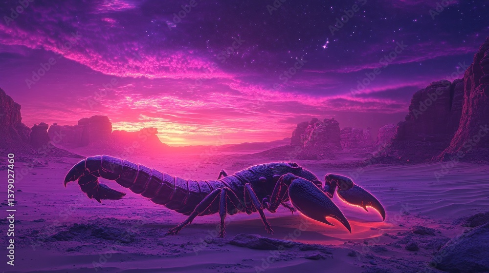 Fototapeta premium Neon Scorpion Crawling Across Desert Landscape Under Pink and Purple Starry Sky