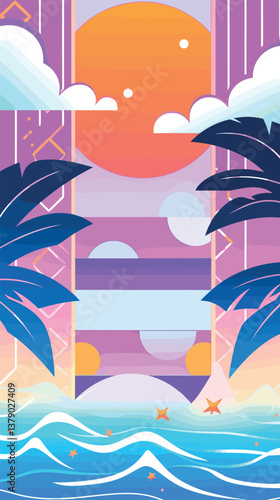 Abstract tropical beach sunset with palm trees and waves in vibrant colors