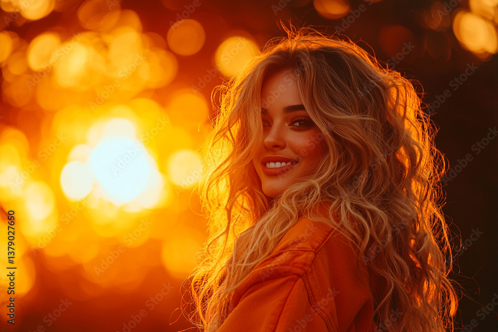 Obraz premium young woman with long blonde hair smiles against vibrant sunset backdrop, showcasing her joyful expression and warm glow of evening light