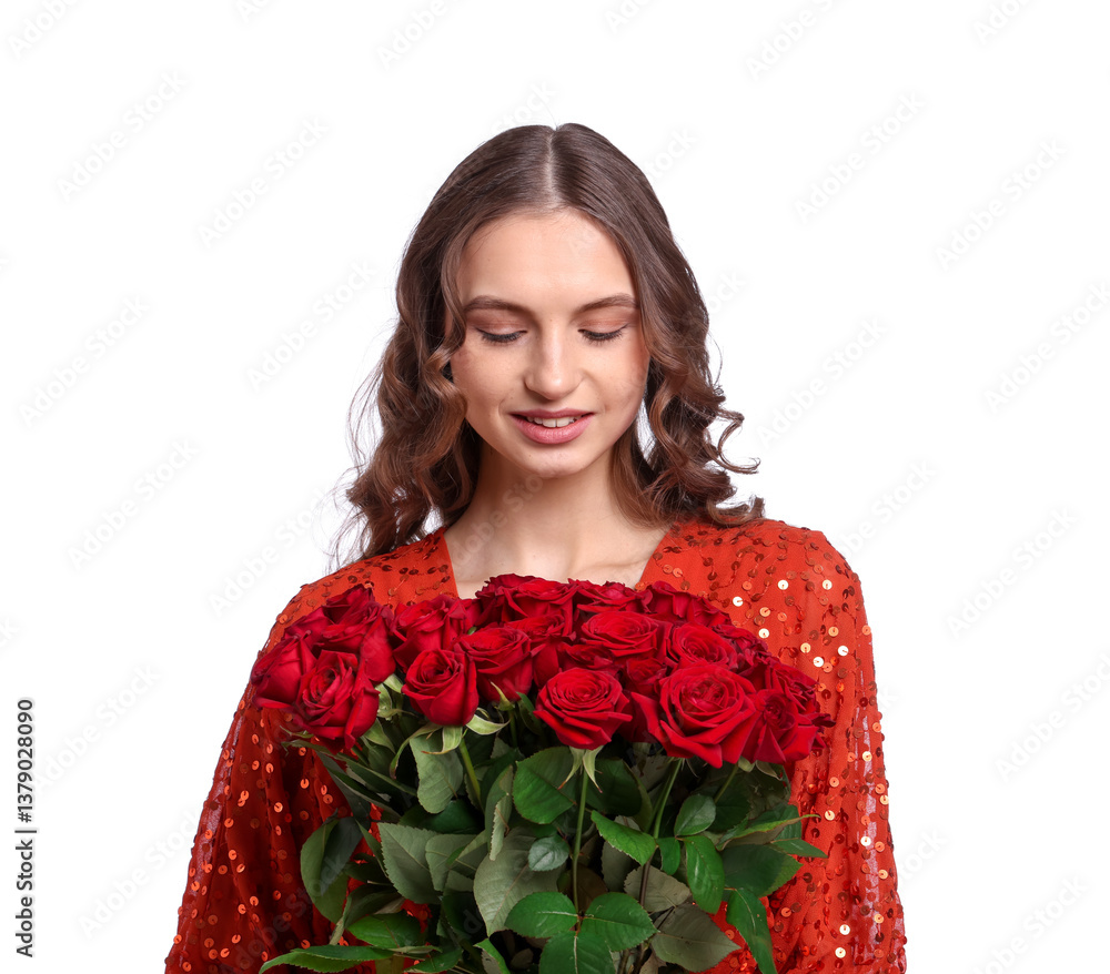 Smiling woman with bouquet of roses on white background Smiling woman with bouquet of roses on white background