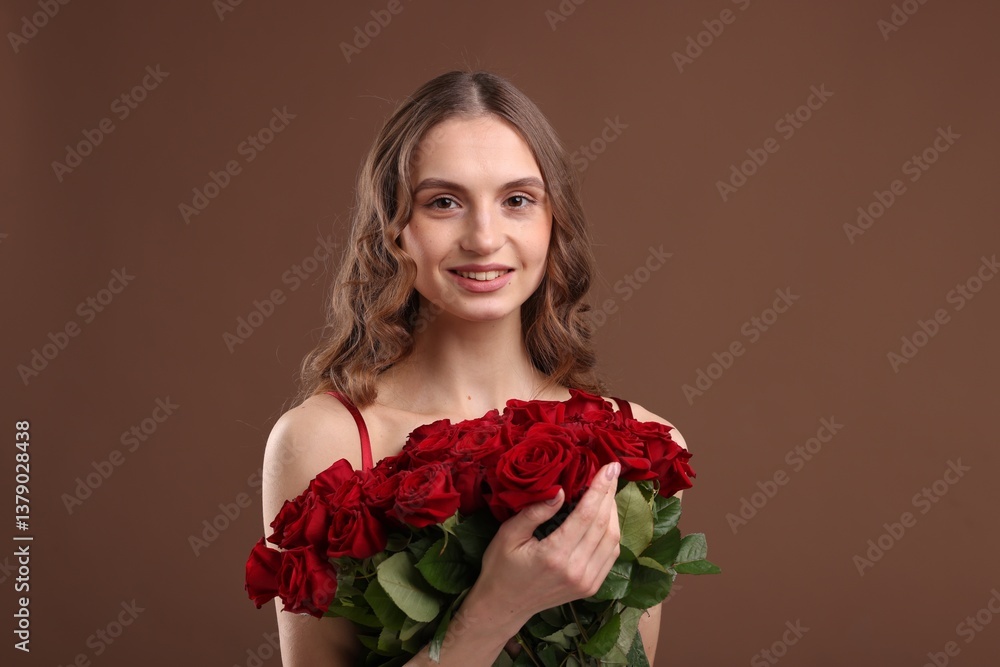 Smiling woman with bouquet of roses on brown background Smiling woman with bouquet of roses on brown background