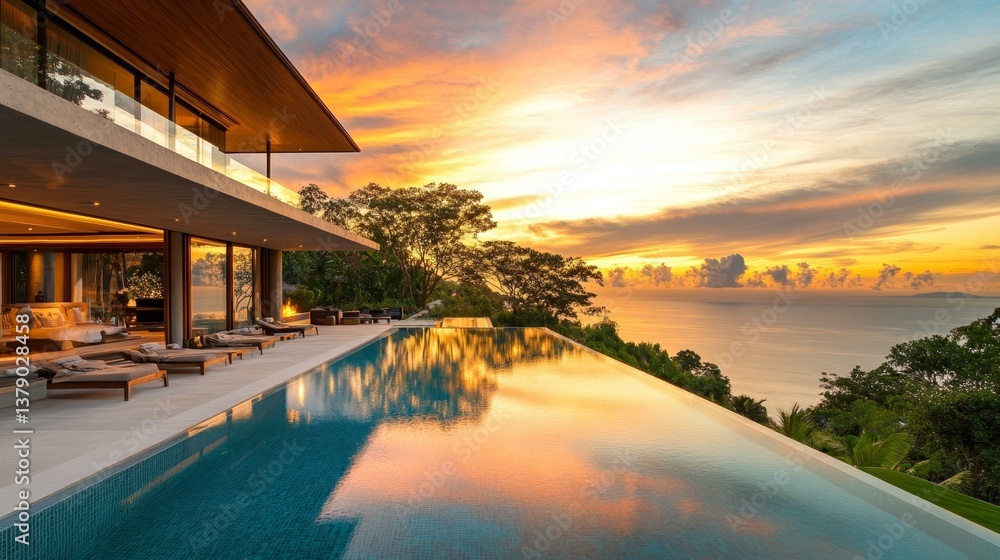 Fototapeta premium Tranquil Villa With Infinity Pool Overlooking Ocean Sunset, Tropical Luxury