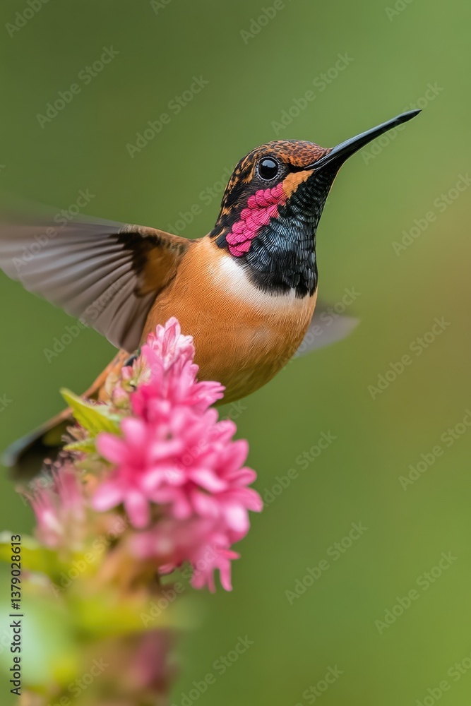 Fototapeta premium Vibrant Hummingbird in Mid-Flight with Pink Blooms and Green Background
