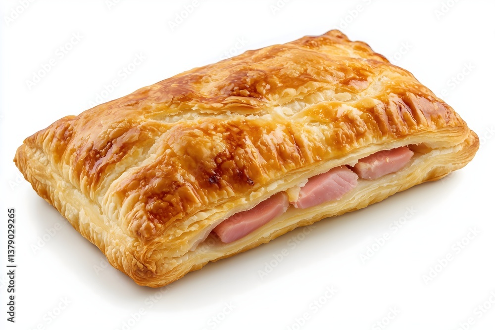 Flaky and golden brown puff pastry with ham and cheese isolated on a white background Flaky and golden brown puff pastry with ham and cheese isolated on a white background