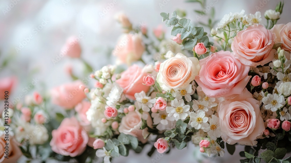 Obraz premium Blooming Ranunculus Arrangement With Pastel Roses for Spring Celebration Indoors