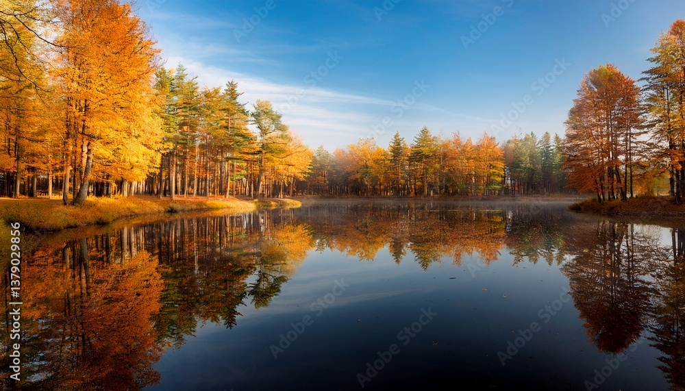 Obraz premium serene autumn landscape with tall trees reflected in calm water
