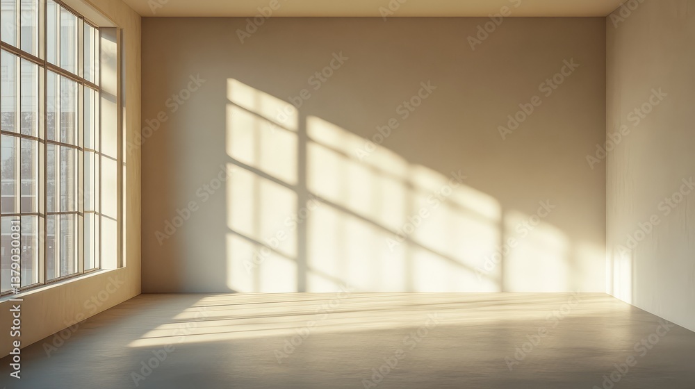 Fototapeta premium A sunlit empty room with high minimalist walls and a flat ceiling, radiating simplicity and openness.