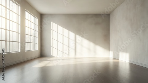 A sunlit empty room with high minimalist walls and a flat ceiling, radiating simplicity and openness.