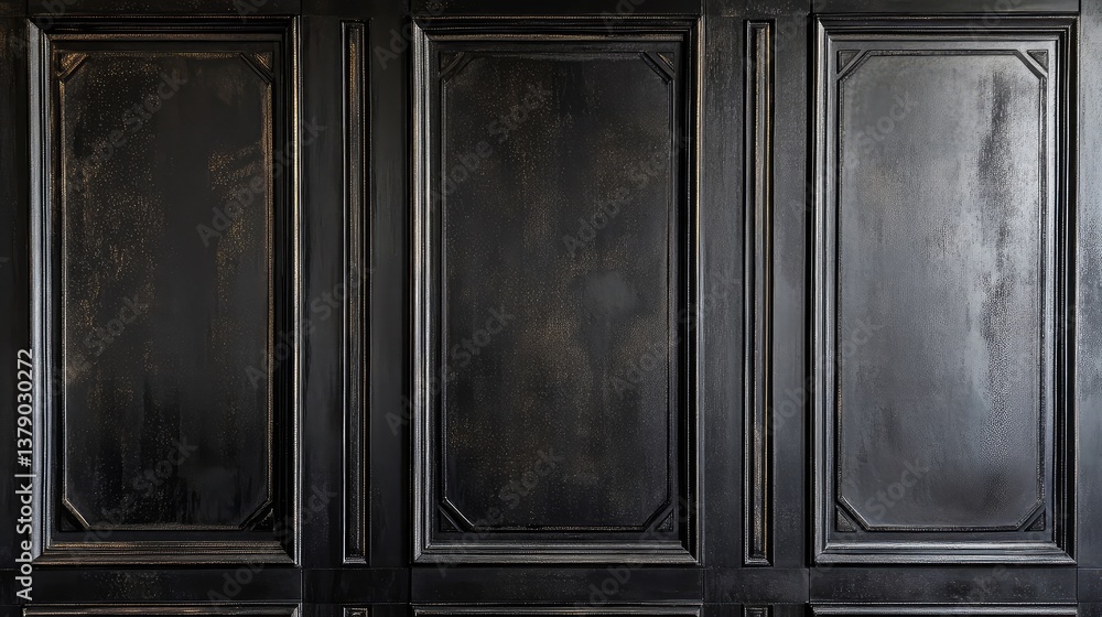 A timeless black paneled wall with structured recesses and decorative geometric accents. A timeless black paneled wall with structured recesses and decorative geometric accents.