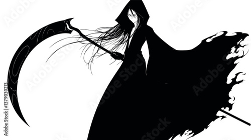 Grim reaper silhouette: dark hooded figure with scythe and flowing cape