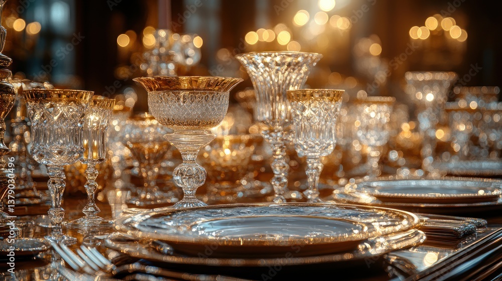 Elegant crystal glassware and gold-trimmed plates on a lavishly set table in a dimly lit, candlelit room Elegant crystal glassware and gold-trimmed plates on a lavishly set table in a dimly lit, candlelit room