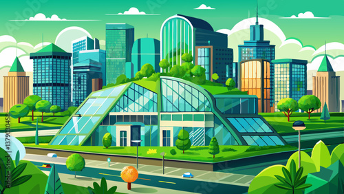 Green and glass environmentally friendly urban architecture for sustainability in city center downtown.