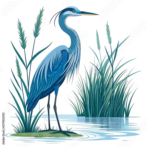 Majestic Blue Heron in Marsh Vector