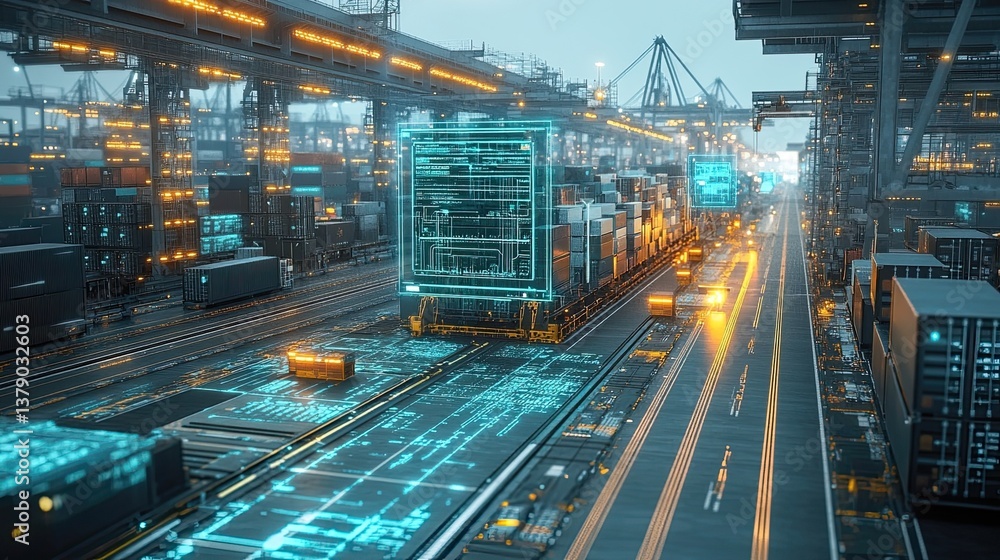 Smart ports equipped with automation, IoT sensors, and AI-driven systems optimizing port operations, cargo handling, and reducing congestion to enhance logistics efficiency and sustainability. Smart ports equipped with automation, IoT sensors, and AI-driven systems optimizing port operations, cargo handling, and reducing congestion to enhance logistics efficiency and sustainability.