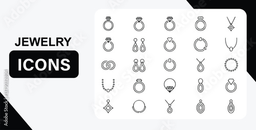 Jewelry icons vector set rings earrings necklaces pendants chain bracelet luxury fashion accessories design