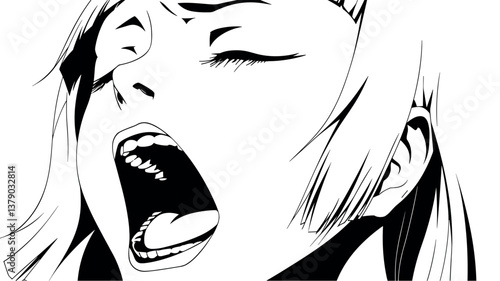 Monochrome anime scream: intense female character expression in black and white