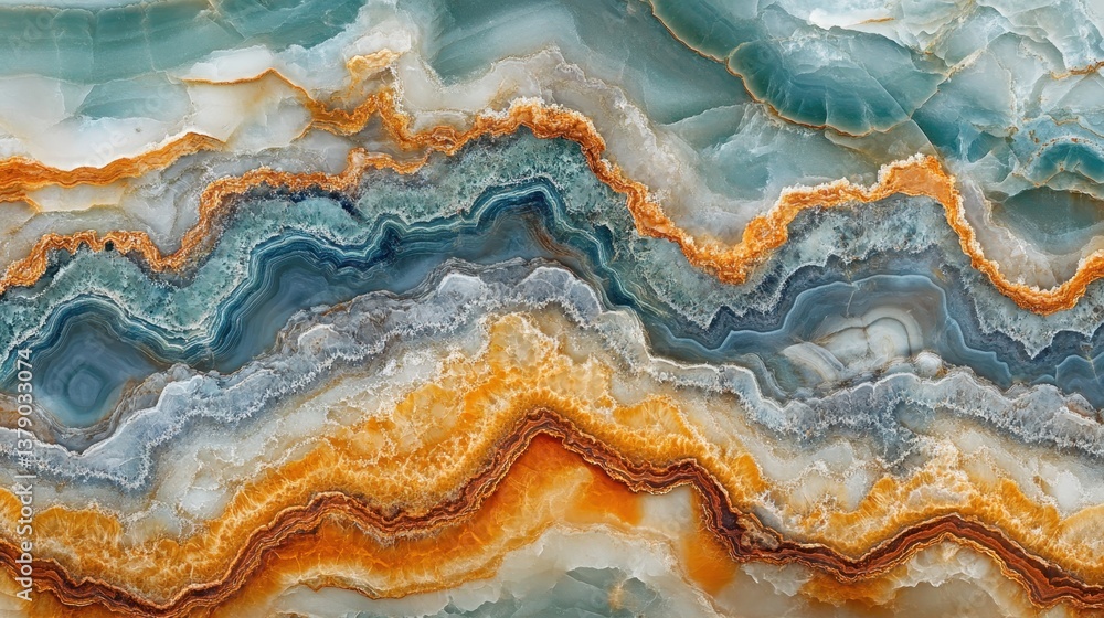 Fototapeta premium Natural onyx stone layers displaying undulating blue, orange, white patterns, revealing intricate mineral texture and organic color gradients
