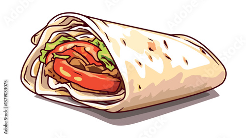 Cartoon shawarma wrap with lettuce, tomato, and meat filling on white background