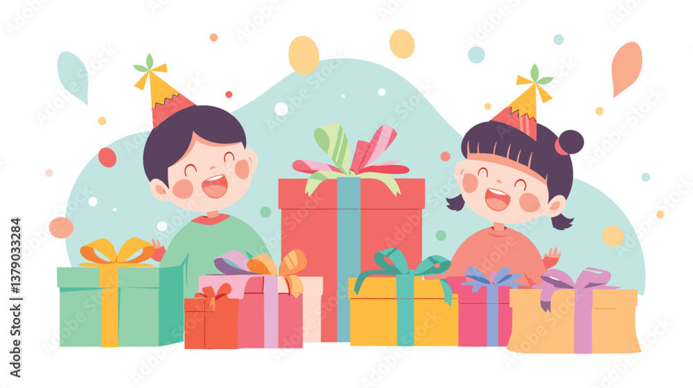 Fototapeta premium Happy asian children celebrating birthday with colorful gifts and party hats