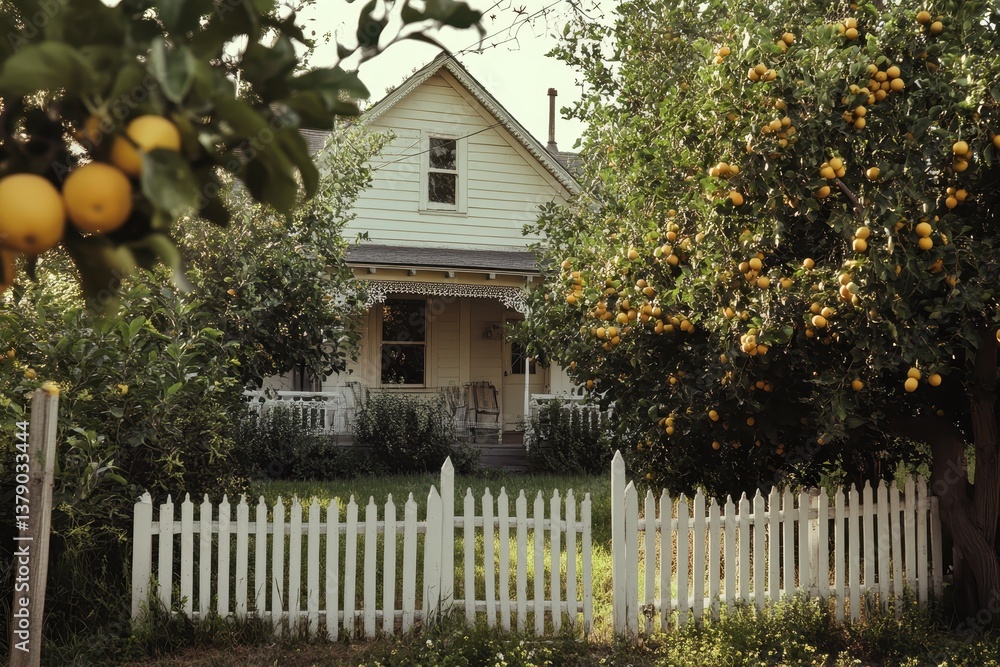 A photo featuring a white house with a picket fence in front of it Old farm house with a picket fence and fruit trees . A photo featuring a white house with a picket fence in front of it Old farm house with a picket fence and fruit trees .