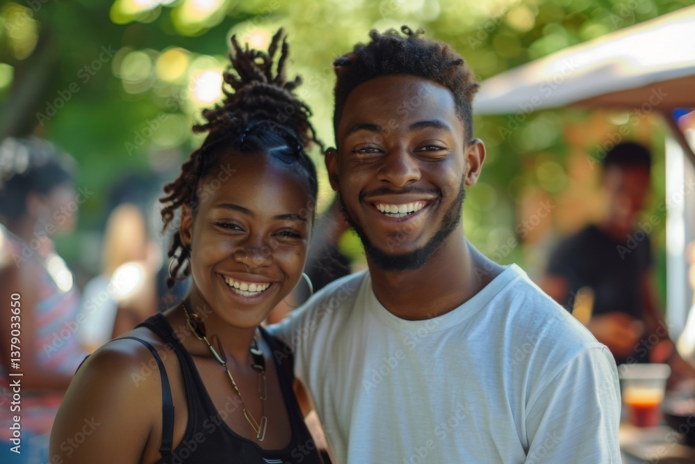 Portrait of a smiling young black couple attending a barbecue on a summer day Portrait of a smiling young black couple attending a barbecue on a summer day