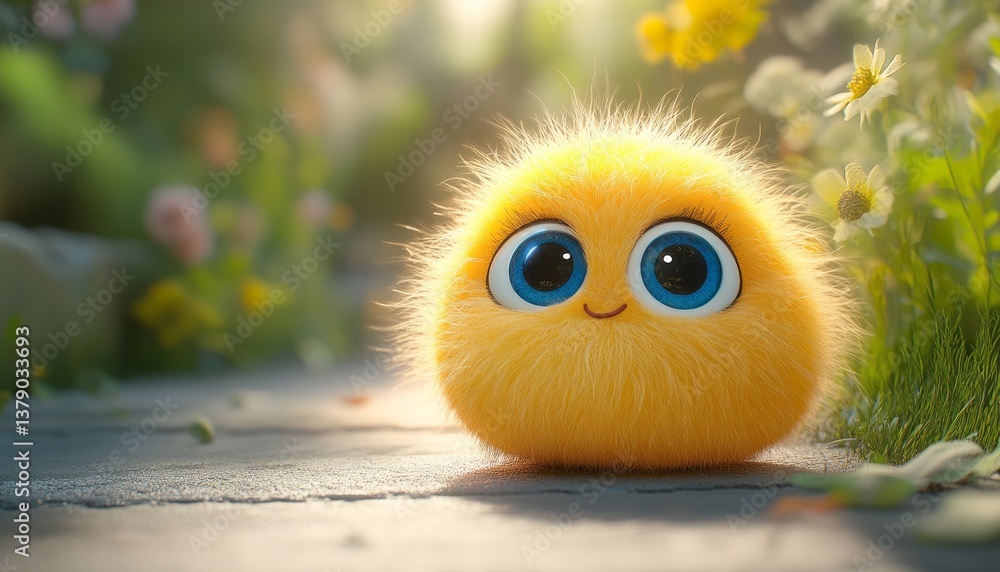 Fototapeta premium Yellow fuzzy ball with big blue eyes and a small goofy smile sitting on the sidewalk