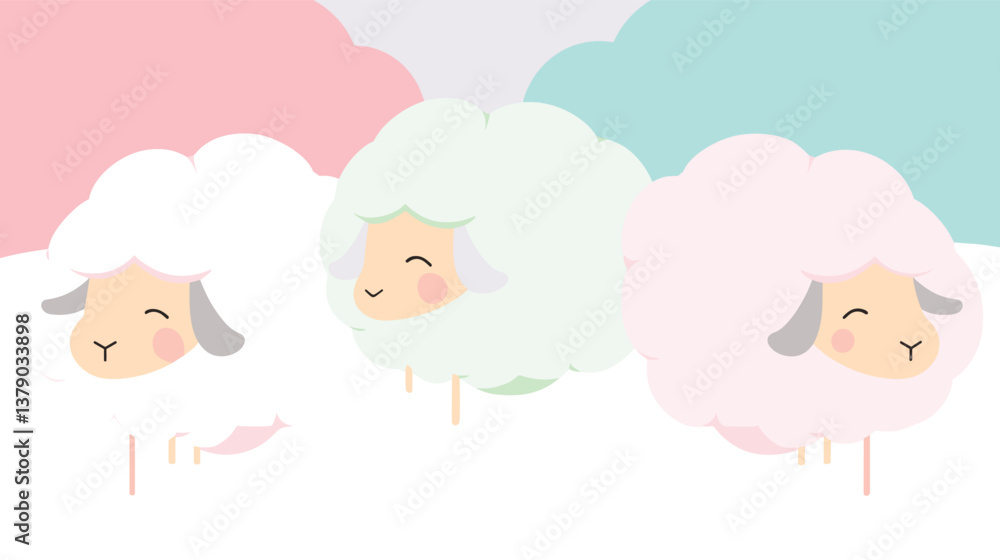 Cute cartoon sheep in pastel clouds with happy expressions Cute cartoon sheep in pastel clouds with happy expressions