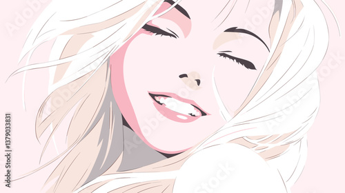 Joyful young caucasian female with blonde hair and closed eyes