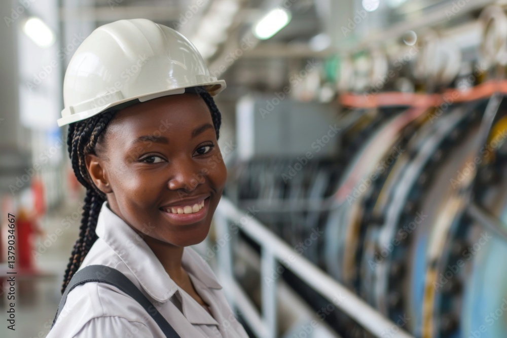 Portrait of a smiling young black female engineer at hydroelectric plant Portrait of a smiling young black female engineer at hydroelectric plant