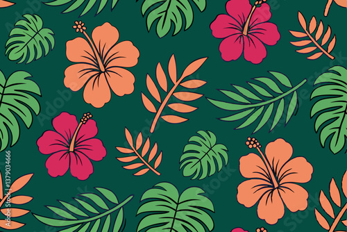 Tropical Hibiscus Flower Pattern Seamless Teal Green Leaves Design