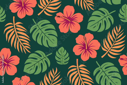 Tropical Hibiscus Flower and Palm Leaf Seamless Pattern Design